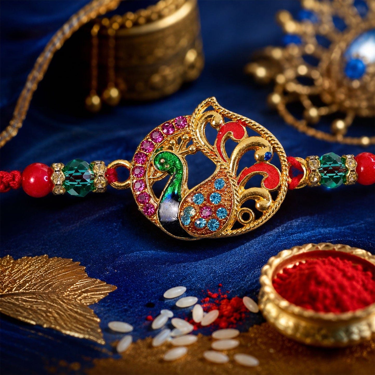 Peacock Paisley Stone Studded Premium Designer Rakhi for Brother