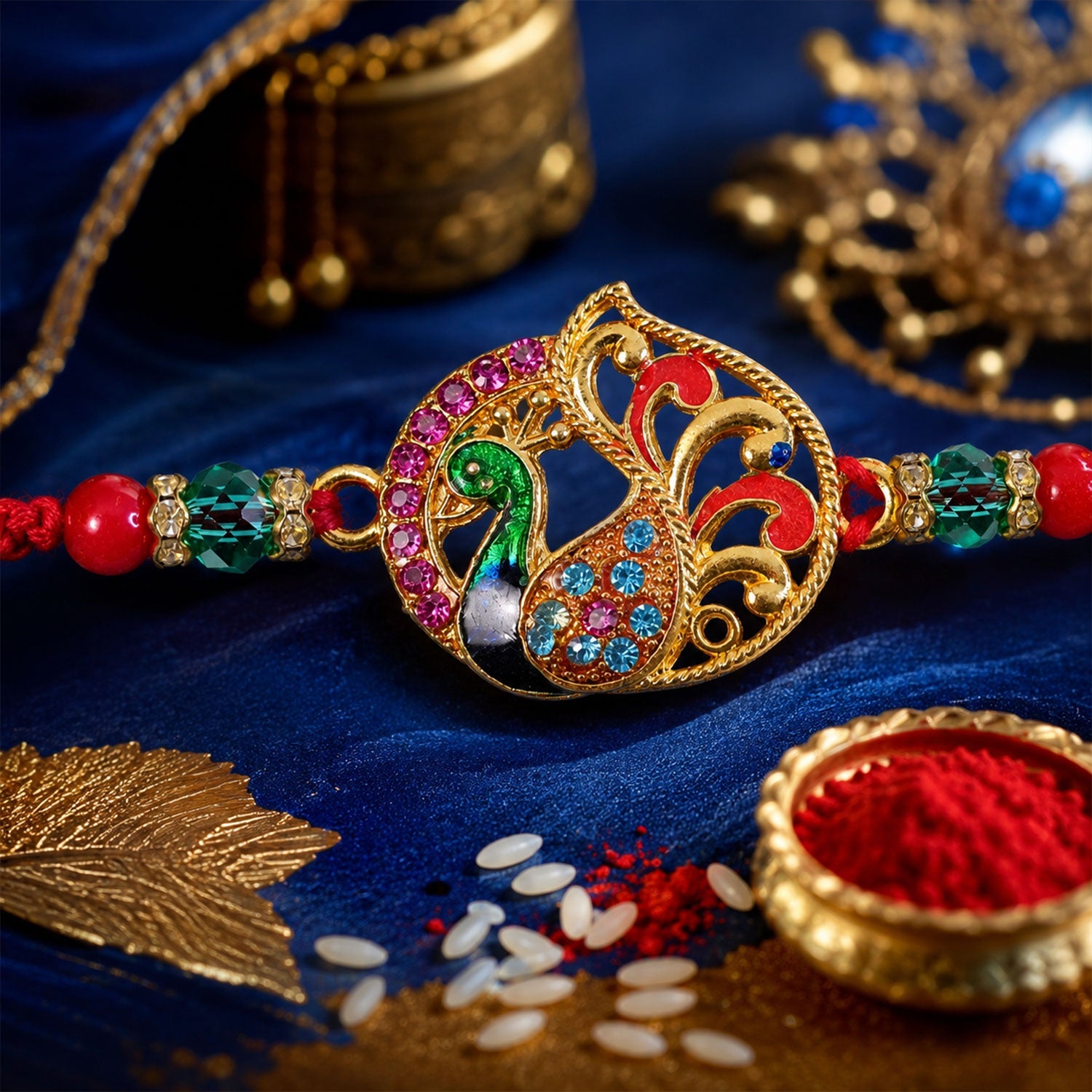 Peacock Paisley Stone Studded Premium Designer Rakhi for Brother