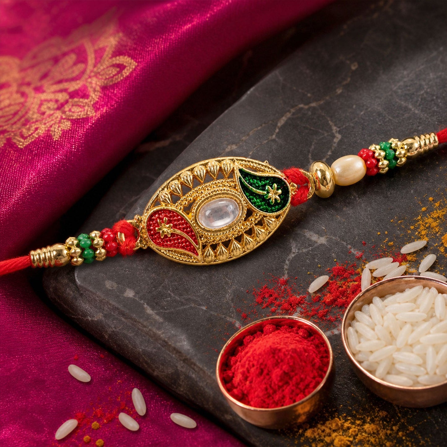 Elegant Kundan Stone Rakhi with Enamel & Beadwork Rakhi for Brother