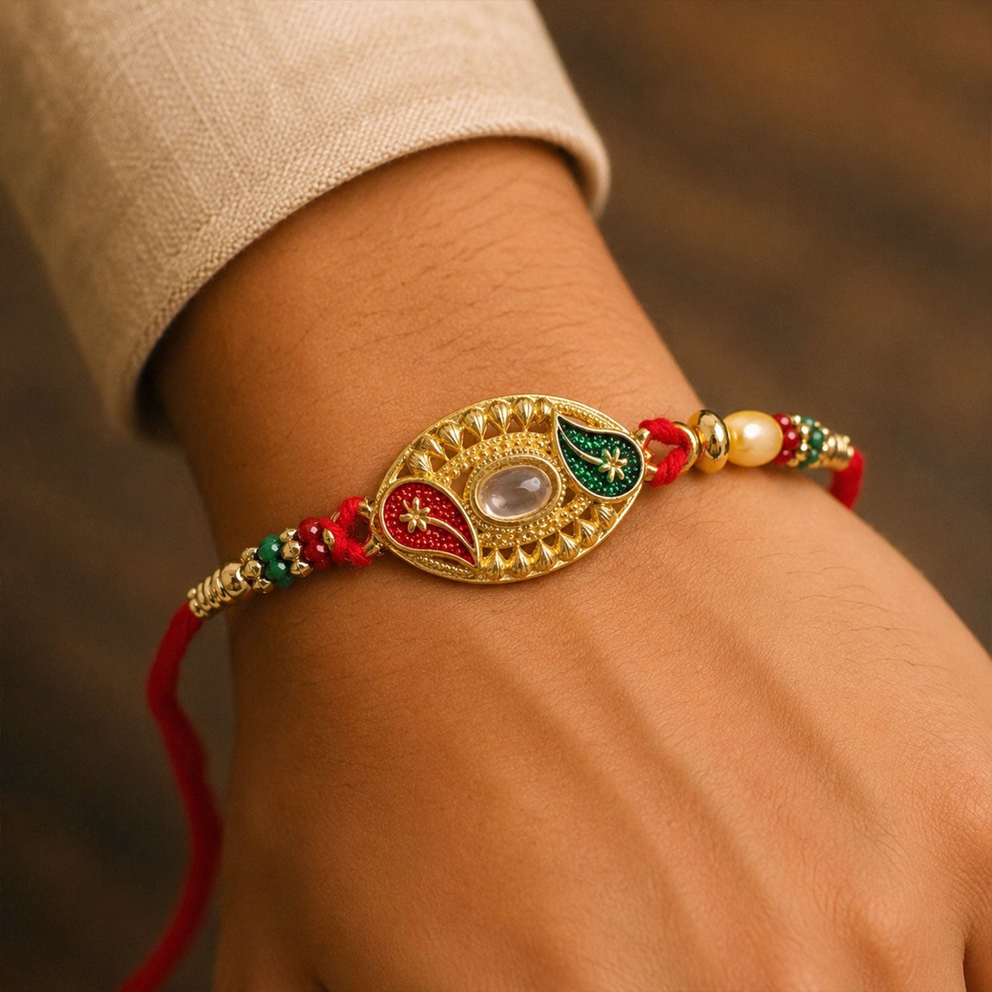 Elegant Kundan Stone Rakhi with Enamel & Beadwork Rakhi for Brother