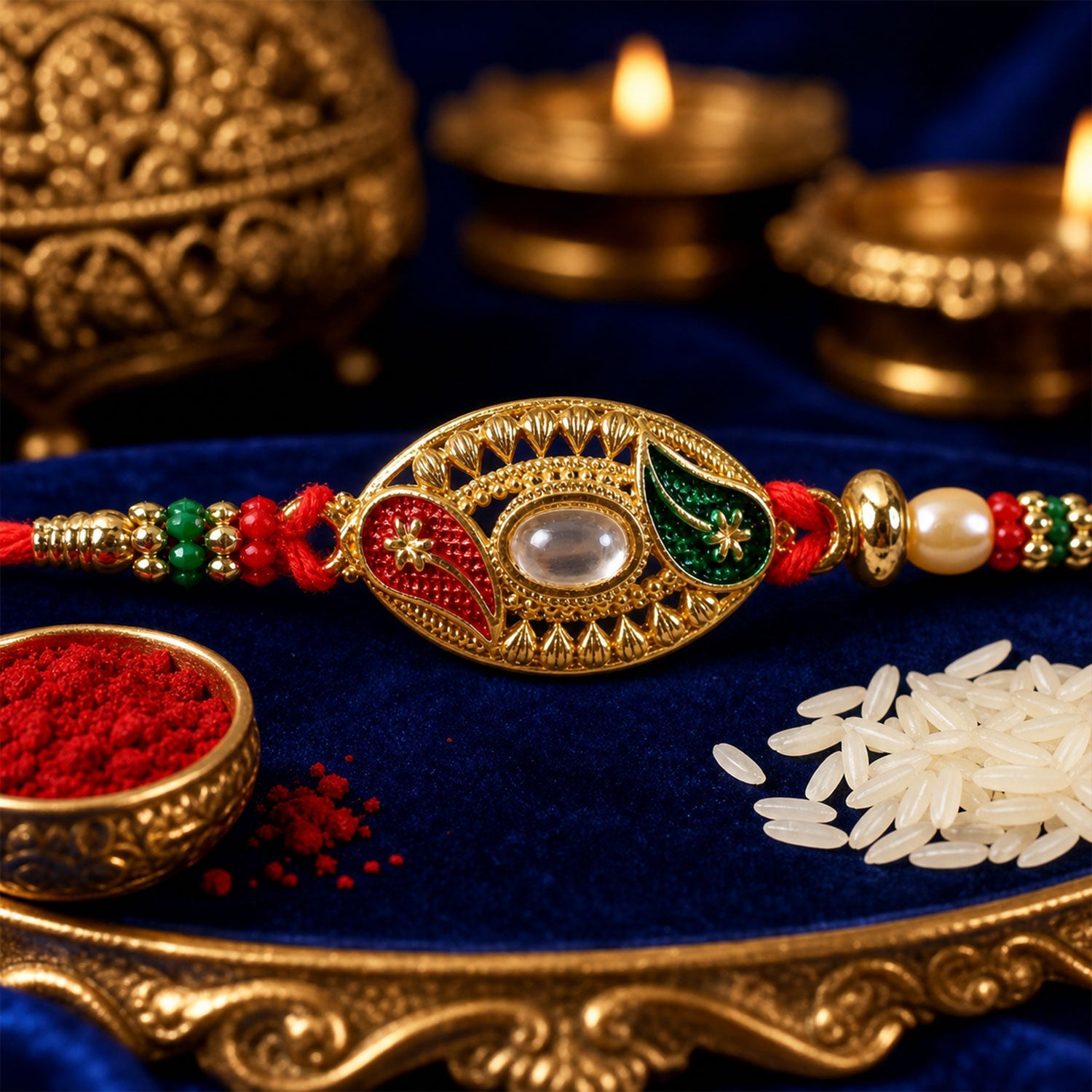 Elegant Kundan Stone Rakhi with Enamel & Beadwork Rakhi for Brother