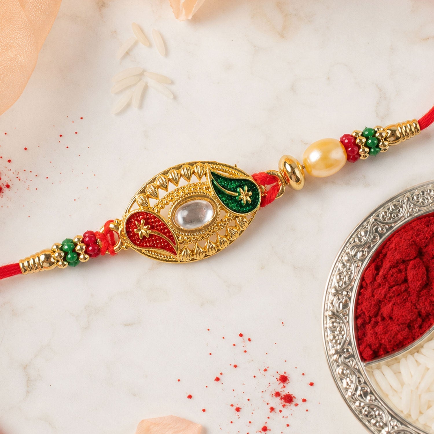 Elegant Kundan Stone Rakhi with Enamel & Beadwork Rakhi for Brother
