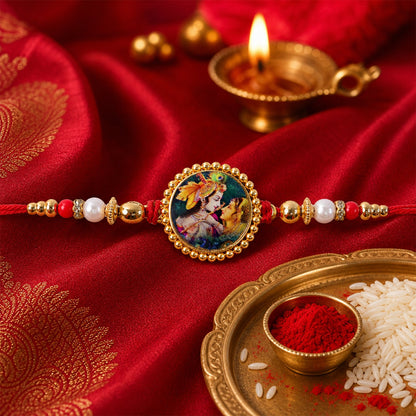 Radha Krishna Theme Round Beaded Designer Premium Traditional Rakhi for Brother