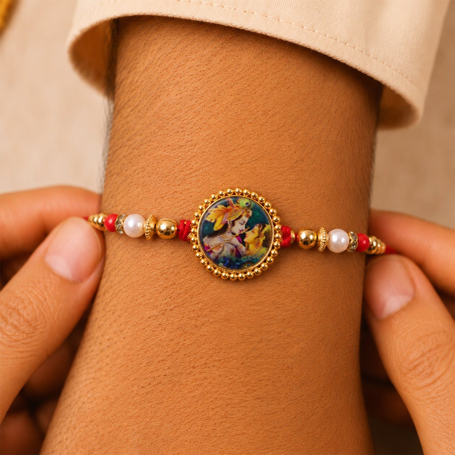 Radha Krishna Theme Round Beaded Designer Premium Traditional Rakhi for Brother