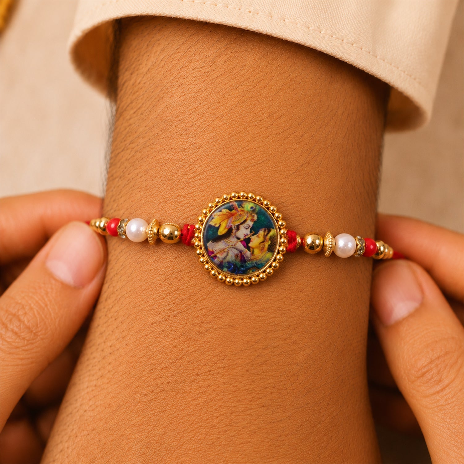 Radha Krishna Theme Round Beaded Designer Premium Traditional Rakhi for Brother