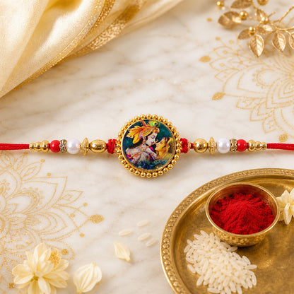 Radha Krishna Theme Round Beaded Designer Premium Traditional Rakhi for Brother