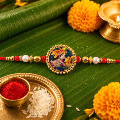 Radha Krishna Theme Round Beaded Designer Premium Traditional Rakhi for Brother