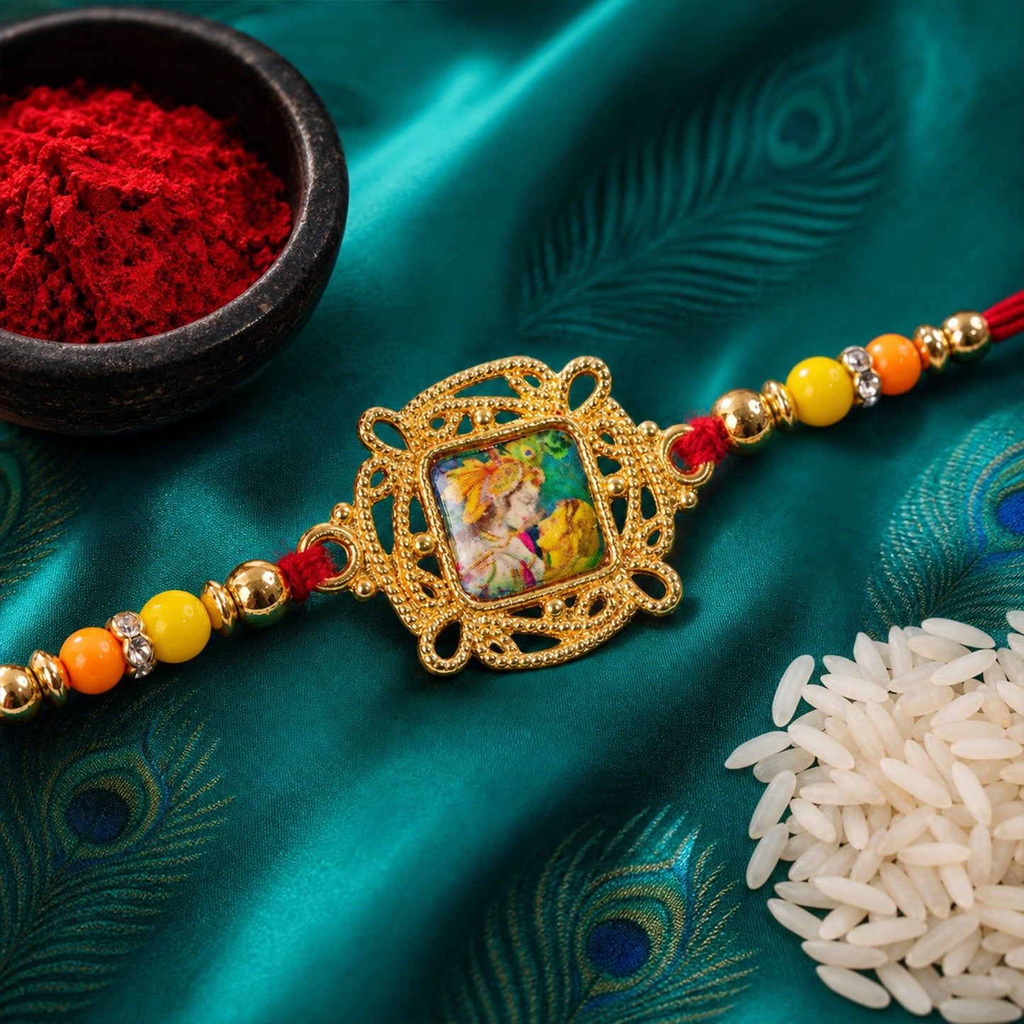 Radha Krishna Square Stone Studded Premium Designer Rakhi for Brother