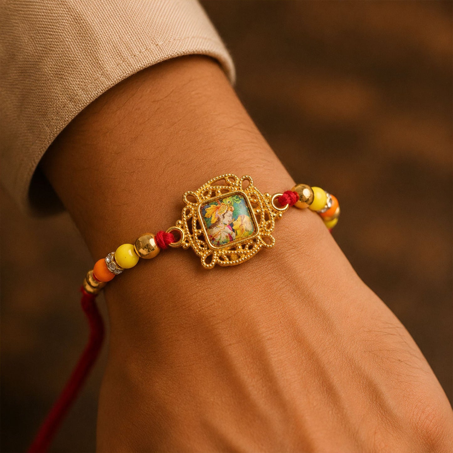 Radha Krishna Square Stone Studded Premium Designer Rakhi for Brother