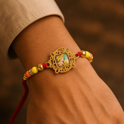 Radha Krishna Square Stone Studded Premium Designer Rakhi for Brother