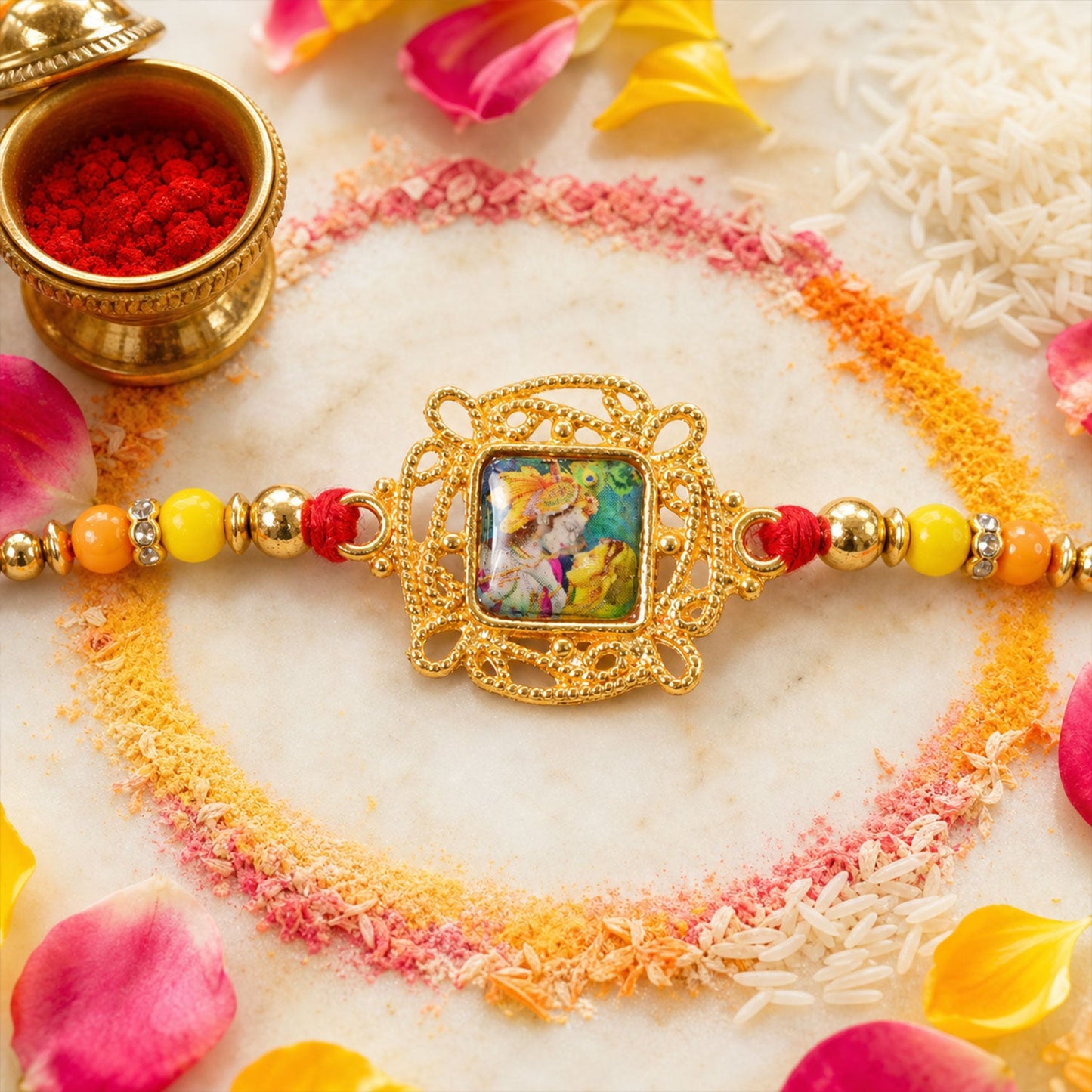 Radha Krishna Square Stone Studded Premium Designer Rakhi for Brother