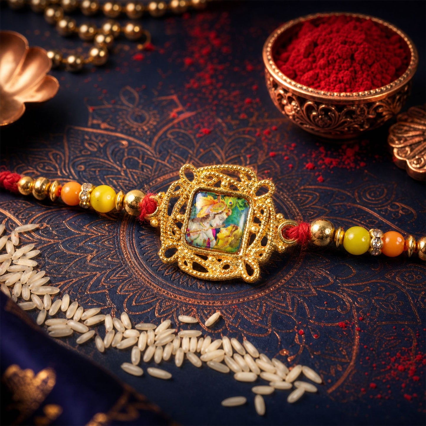 Radha Krishna Square Stone Studded Premium Designer Rakhi for Brother
