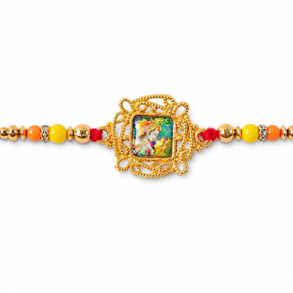 Radha Krishna Square Stone Studded Premium Designer Rakhi for Brother