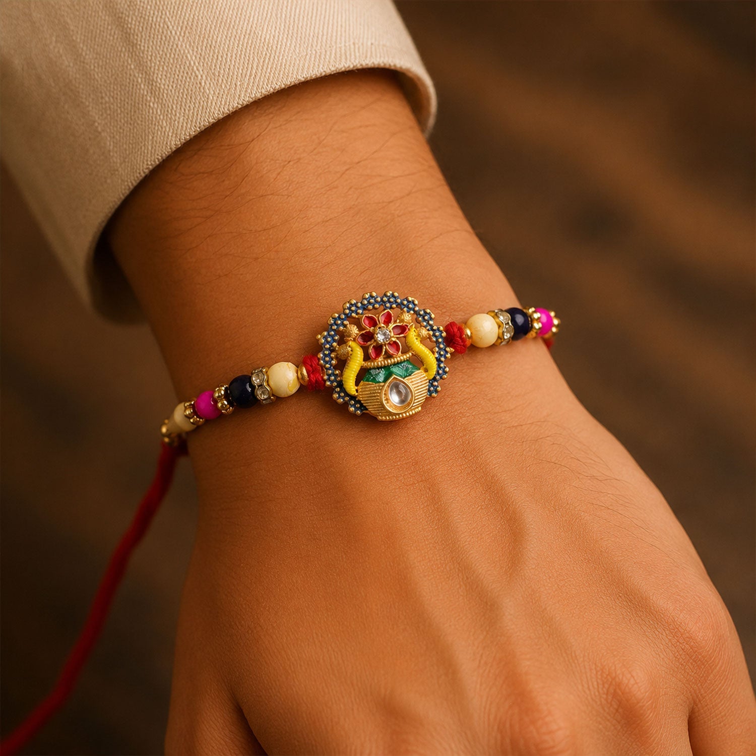 Divine Mangal Kalash Rakhi with Kundan & Meenakari – Rakhi for Brother