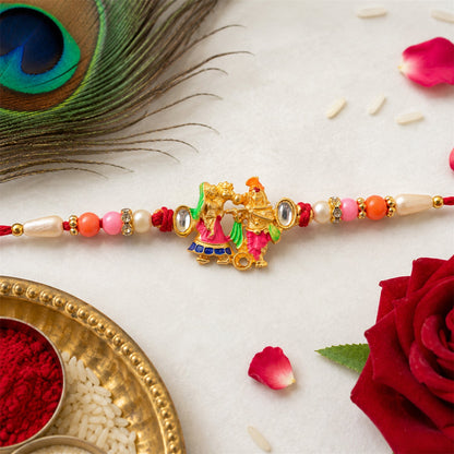 Divine Radha Krishna Rakhi with Kundan & Meenakari Rakhi for Brother