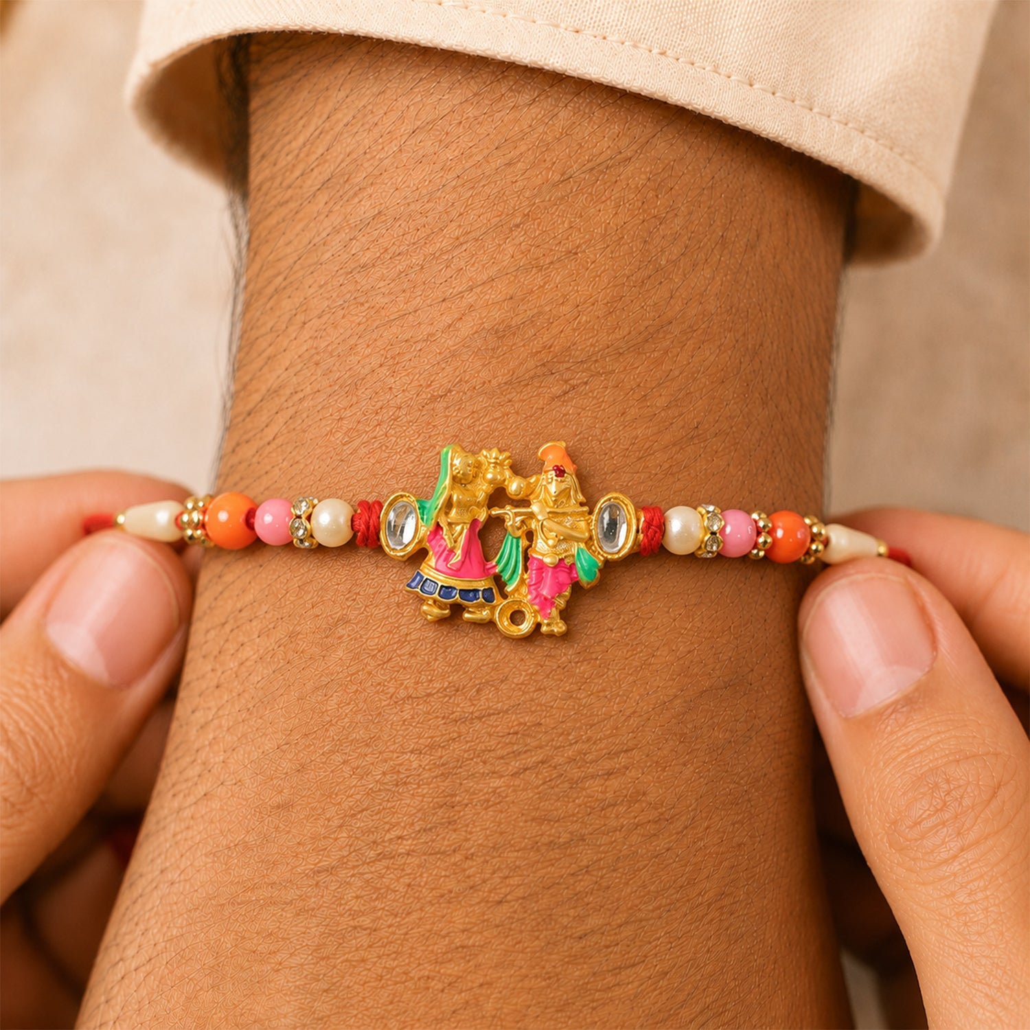 Divine Radha Krishna Rakhi with Kundan & Meenakari Rakhi for Brother