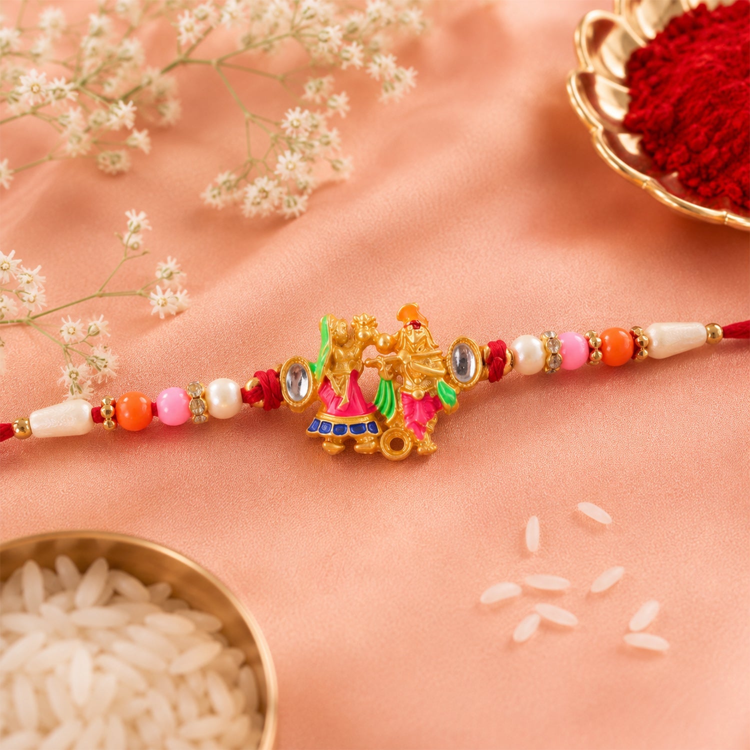 Divine Radha Krishna Rakhi with Kundan & Meenakari Rakhi for Brother