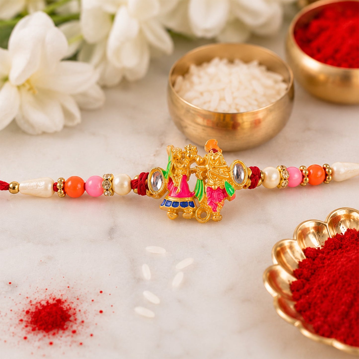 Divine Radha Krishna Rakhi with Kundan & Meenakari Rakhi for Brother