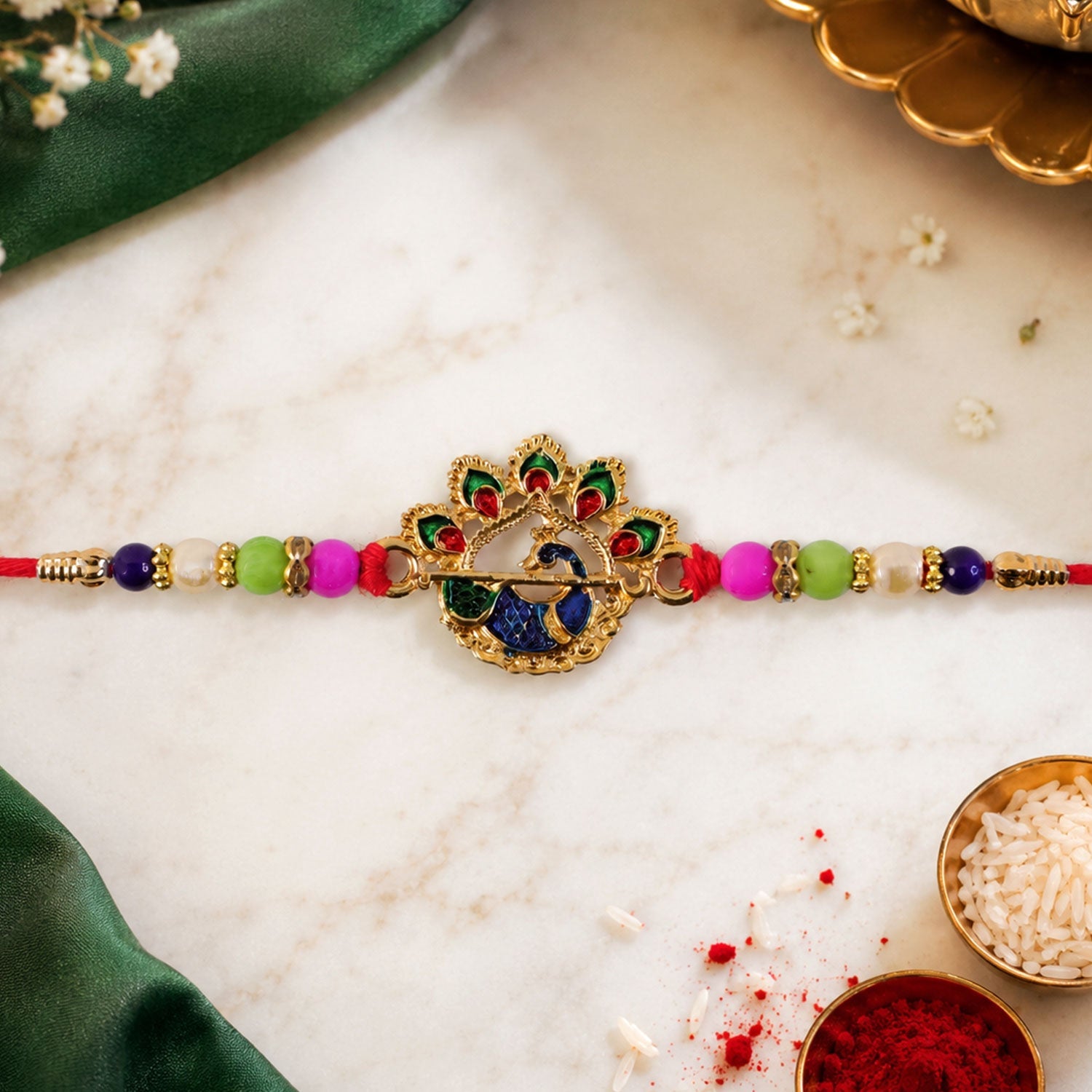 Peacock Motif Stone Studded Designer Rakhi for Brother