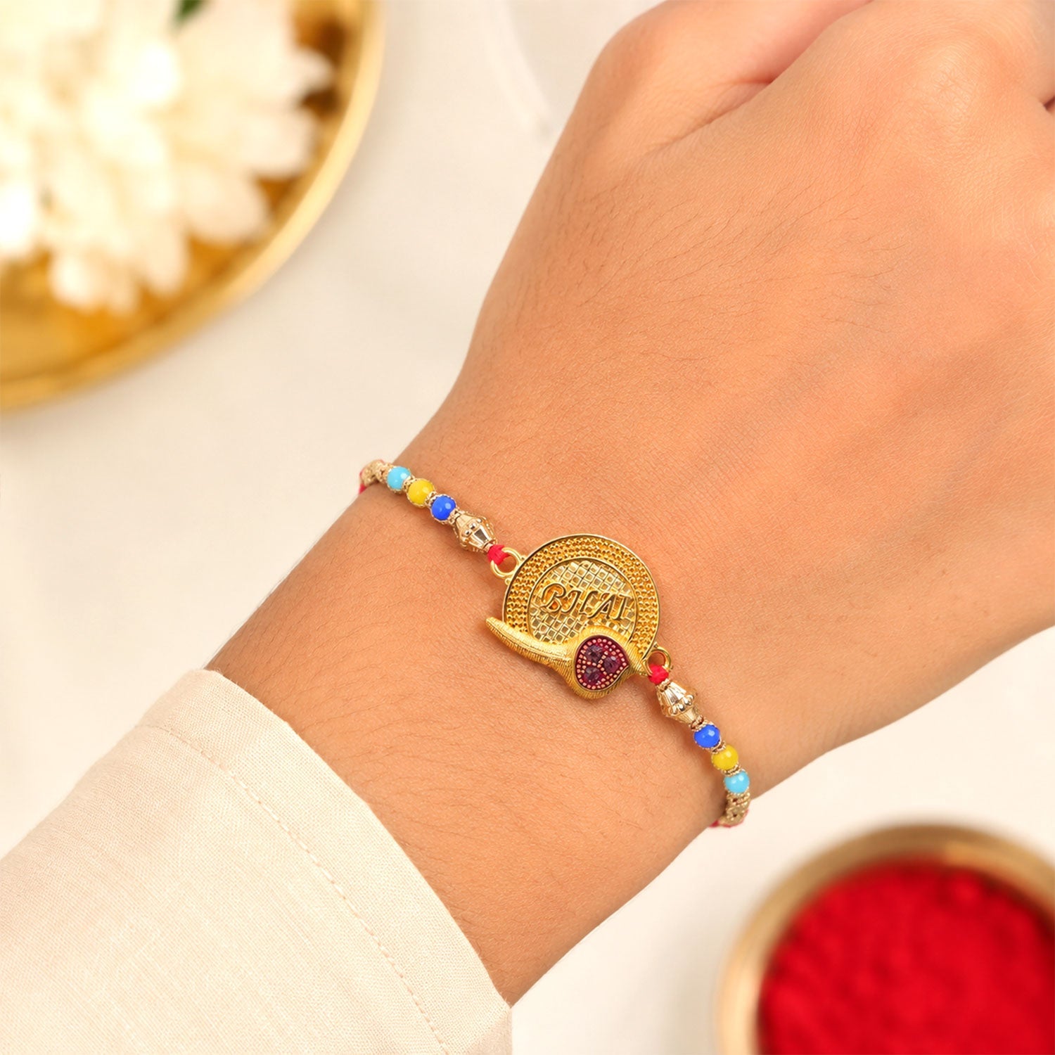 Circle Bhai Motif Stone Studded Designer Rakhi for Brother