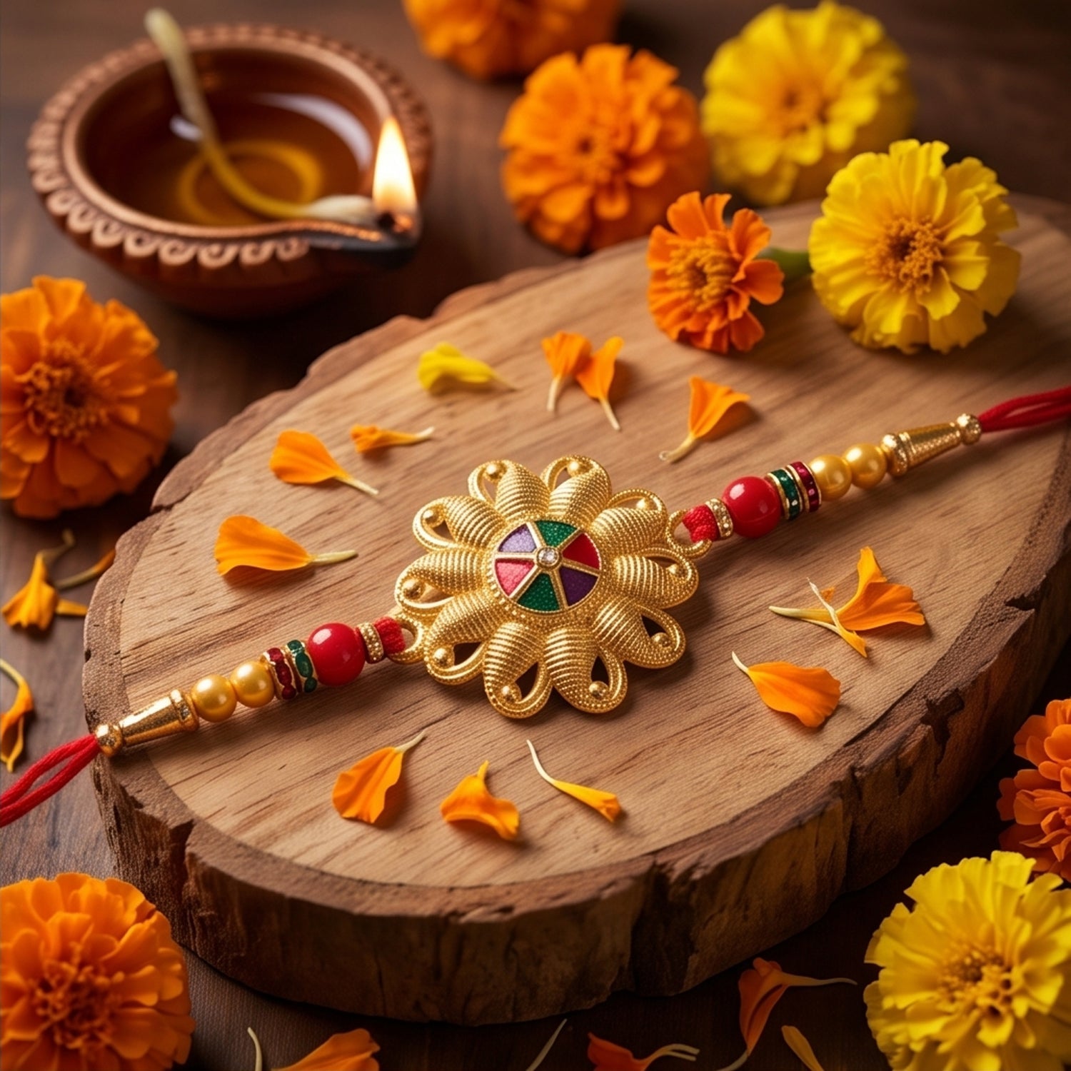 Floral Petal Medallion Designer Premium Traditional Rakhi for Brother