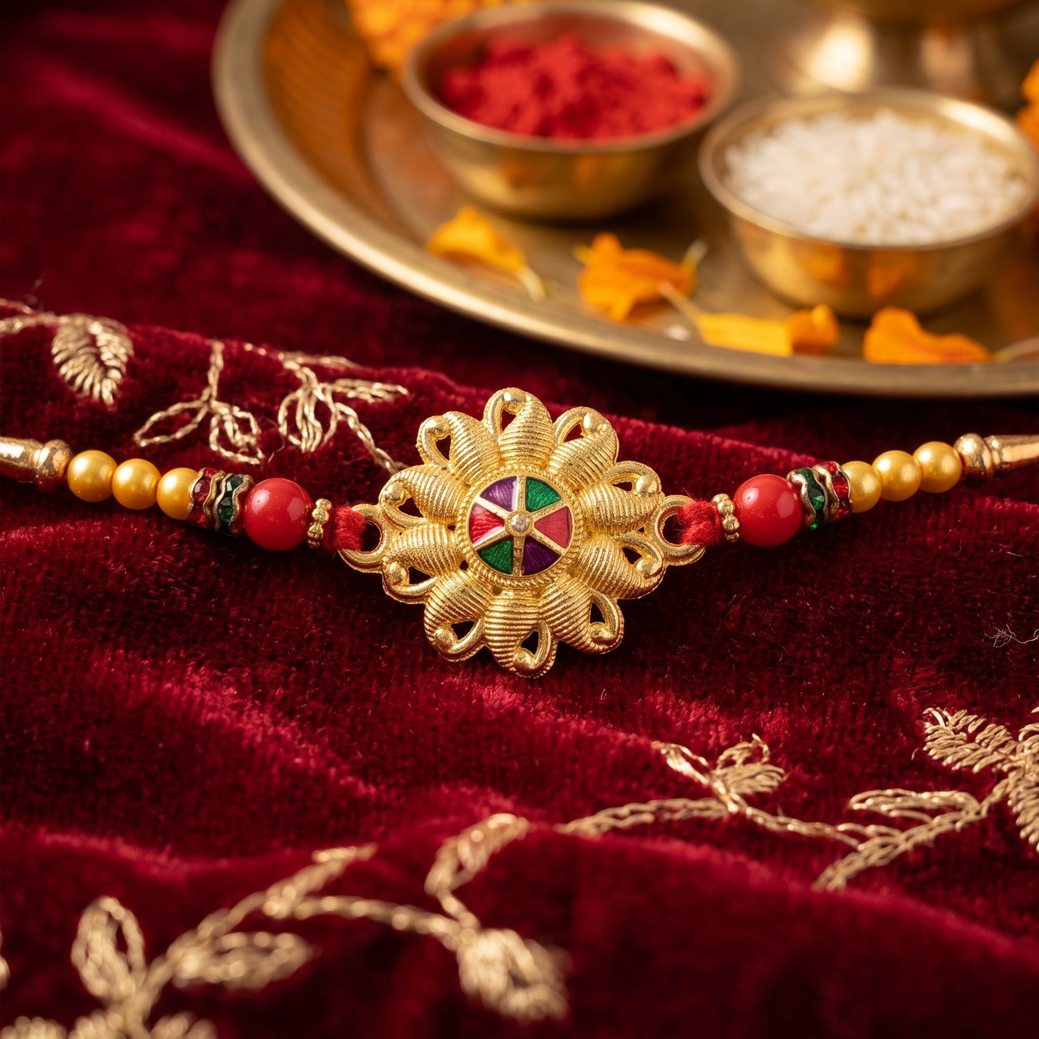 Floral Petal Medallion Designer Premium Traditional Rakhi for Brother