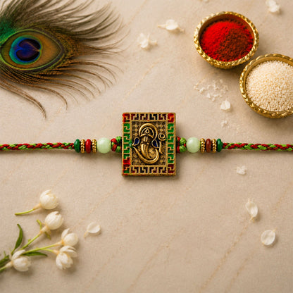 Ganesha Symbol Square Meenakari Designer Rakhi for Brother
