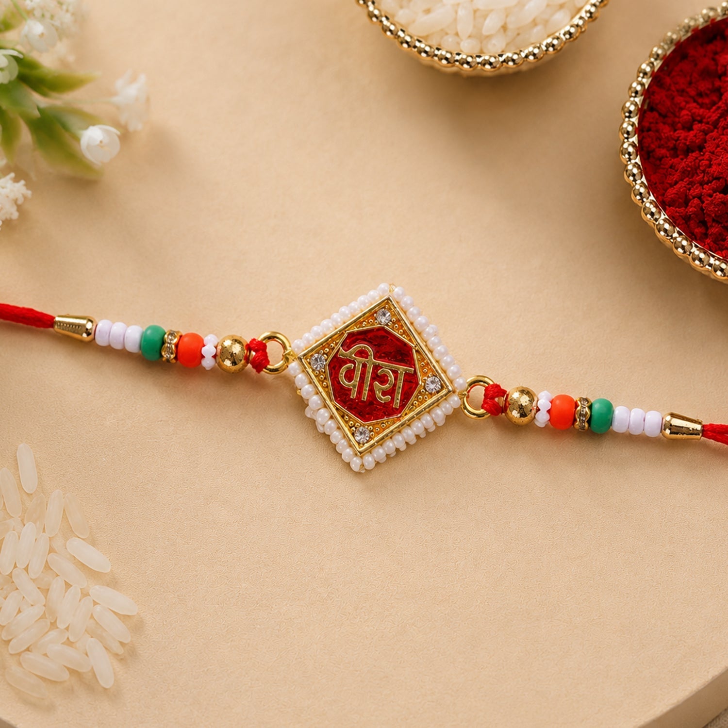 Veera Text Square Frame Premium Designer Beaded Rakhi for Brother