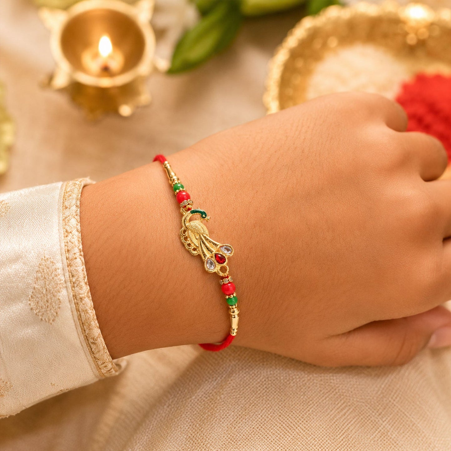 Peacock Feather Motif Premium Traditional Designer Rakhi for Brother