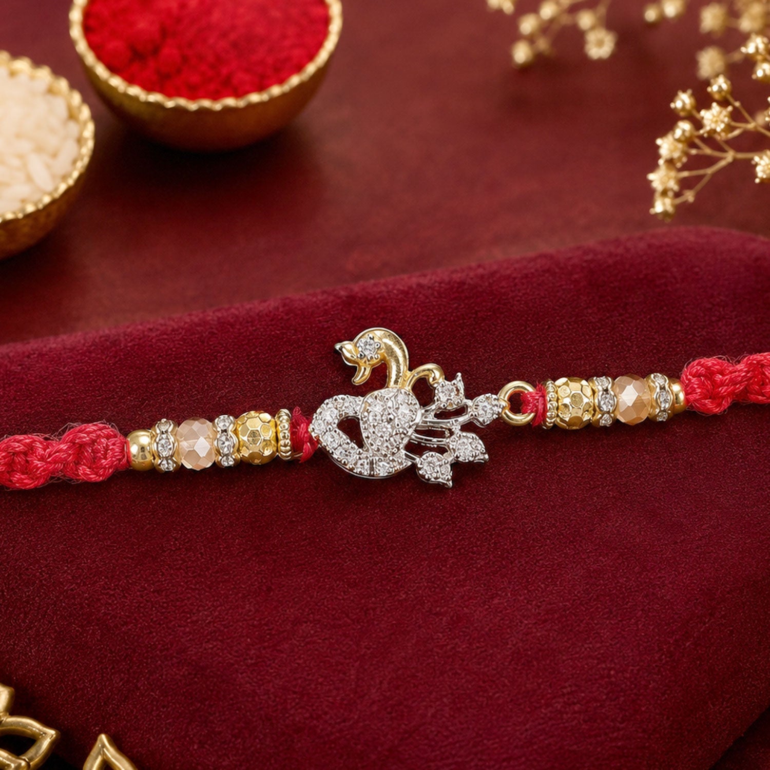 Peacock Motif Stone Studded Premium Designer Rakhi for Brother