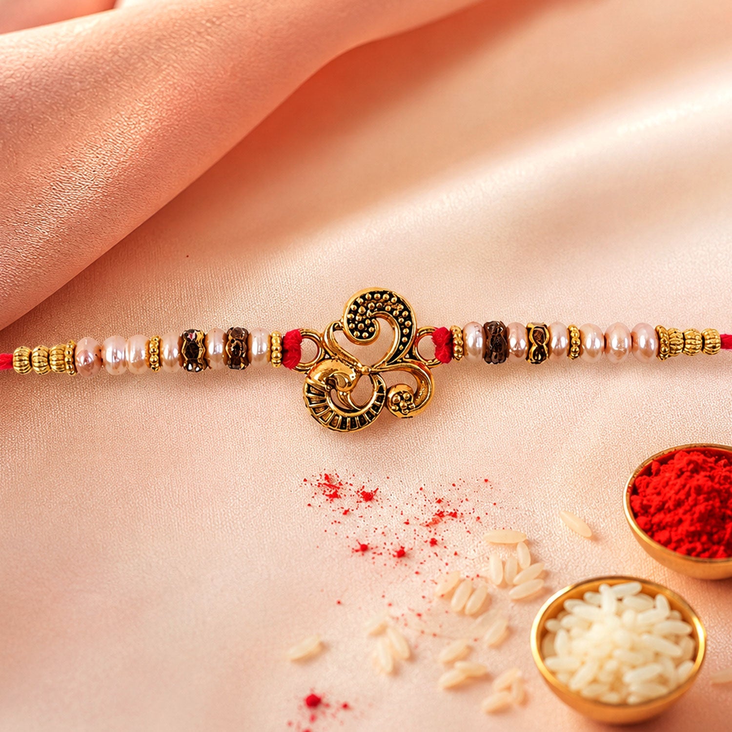 Traditional Om Antique Rakhi with Pearl Beads – Rakhi for Brother