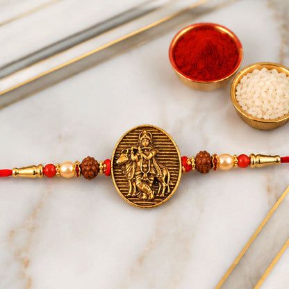 Religious Krishna Oval Rakhi with Pearls Rakhi for Brother