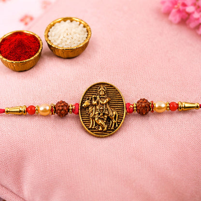 Religious Krishna Oval Rakhi with Pearls Rakhi for Brother
