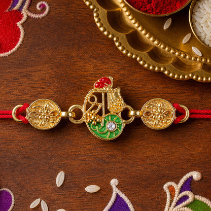 Golden Shri Motif Rakhi with Enamel & Floral Work Rakhi for Brother