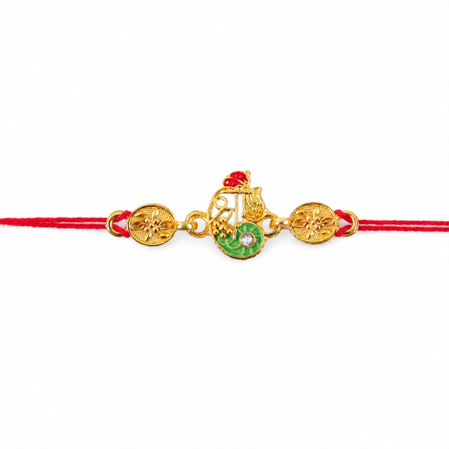 Golden Shri Motif Rakhi with Enamel & Floral Work Rakhi for Brother