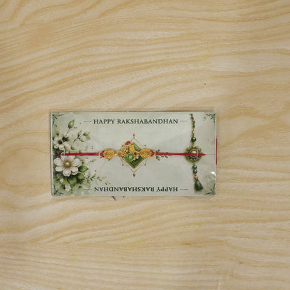 Golden Shri Motif Rakhi with Enamel & Floral Work Rakhi for Brother
