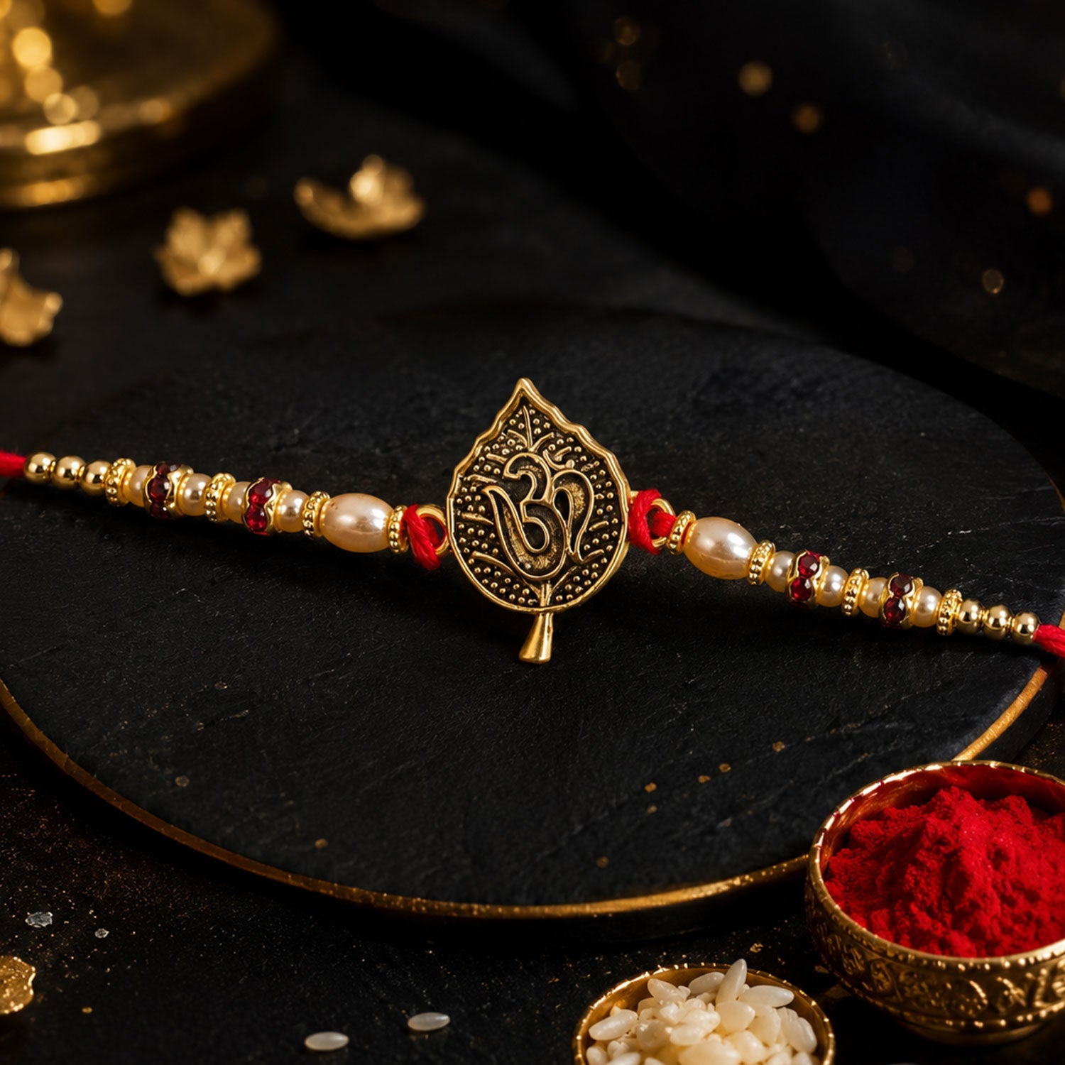 Leaf Shape Om Motif Premium Beaded Designer Rakhi for Brother