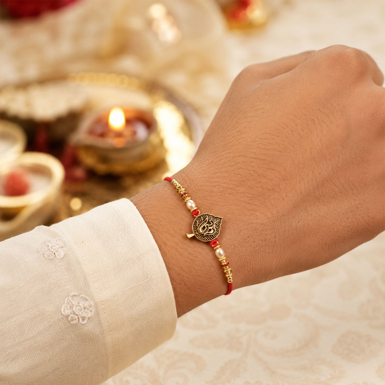 Leaf Shape Om Motif Premium Beaded Designer Rakhi for Brother