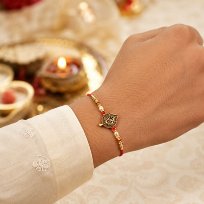 Leaf Shape Om Motif Premium Beaded Designer Rakhi for Brother
