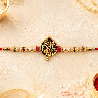 Leaf Shape Om Motif Premium Beaded Designer Rakhi for Brother