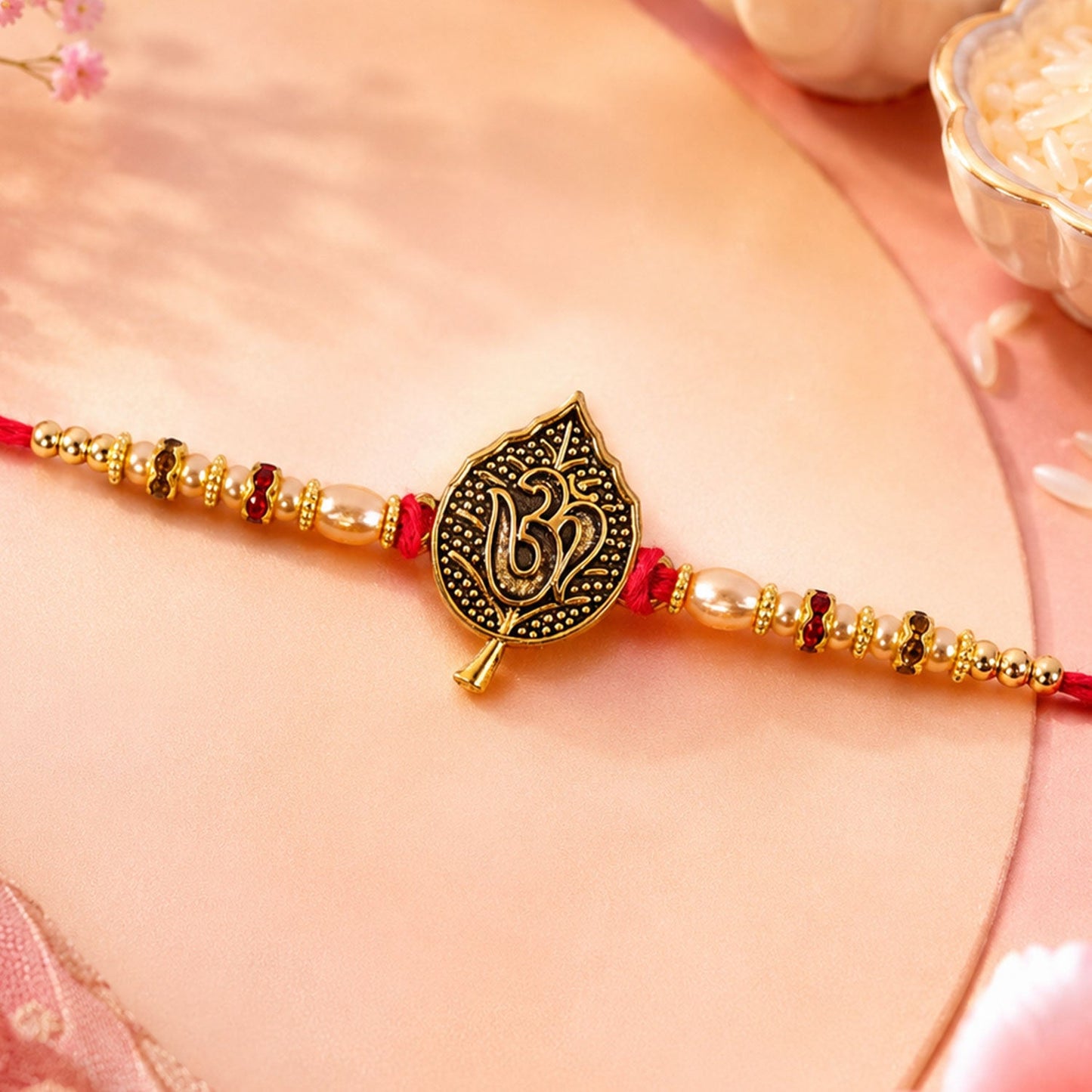 Leaf Shape Om Motif Premium Beaded Designer Rakhi for Brother