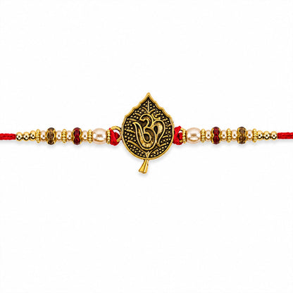 Leaf Shape Om Motif Premium Beaded Designer Rakhi for Brother
