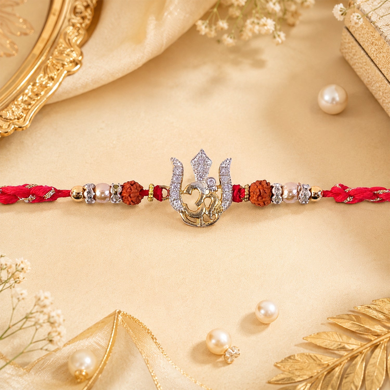 Auspicious Trishul Om Diamond Rakhi with Pearls – Rakhi for Brother