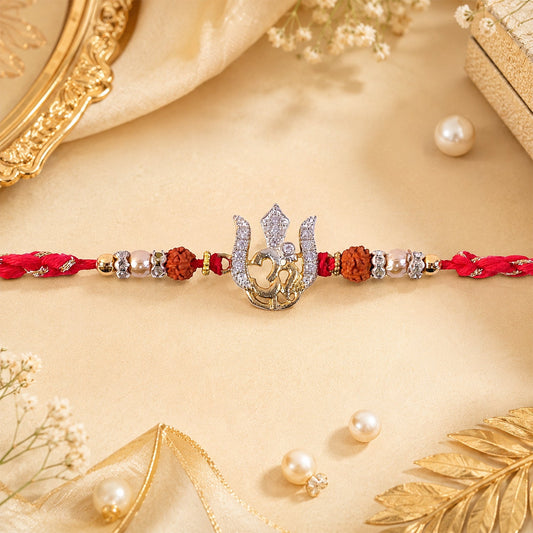 Auspicious Trishul Om Diamond Rakhi with Pearls – Rakhi for Brother