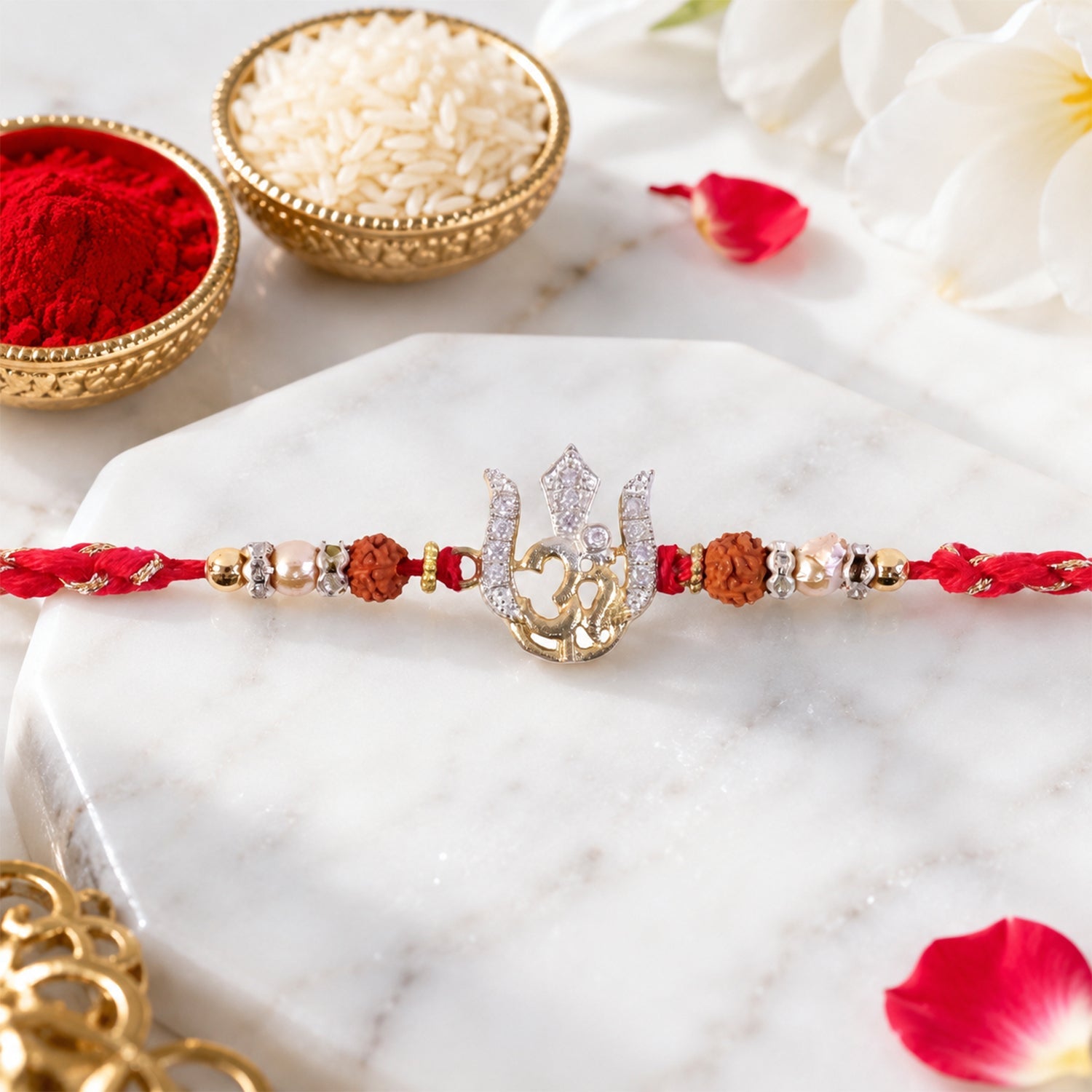 Auspicious Trishul Om Diamond Rakhi with Pearls – Rakhi for Brother