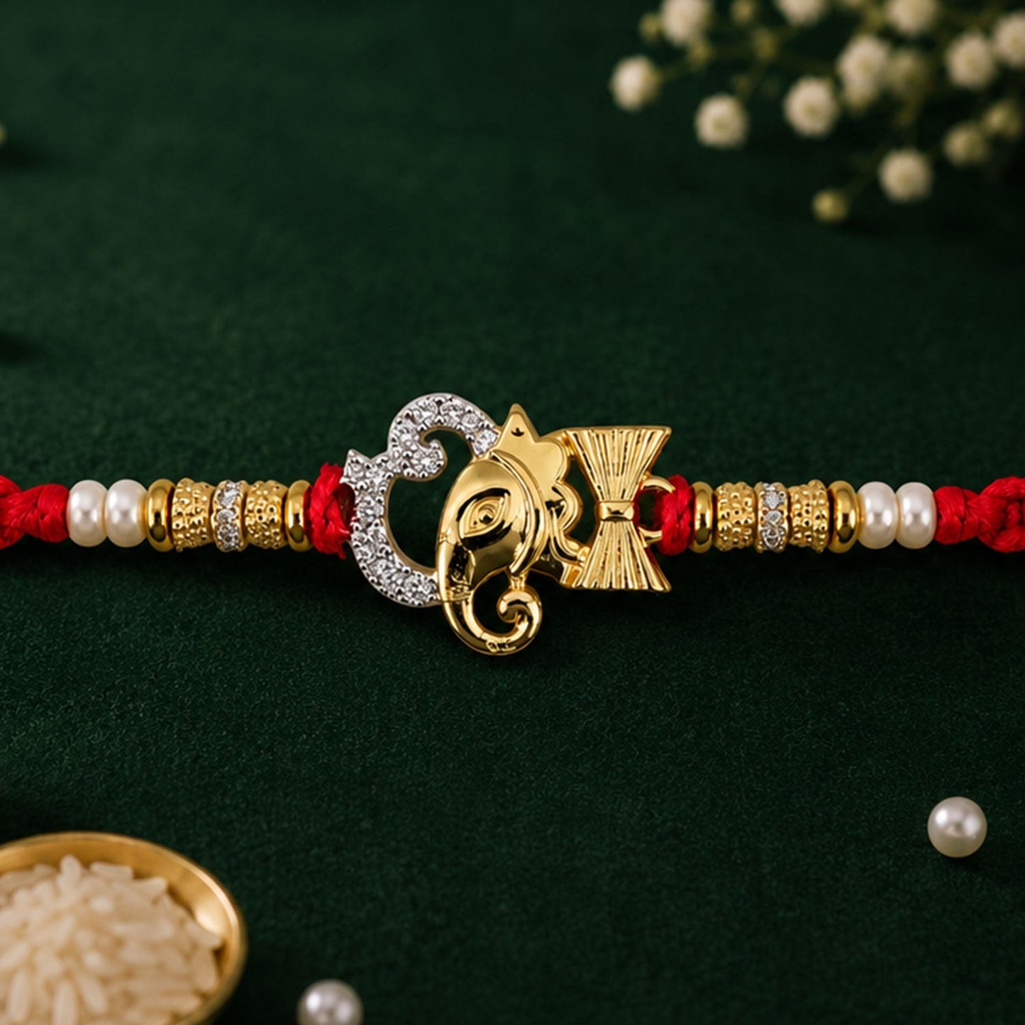 Religious Ganpati Diamond Rakhi with Pearl Beads Rakhi for Brother