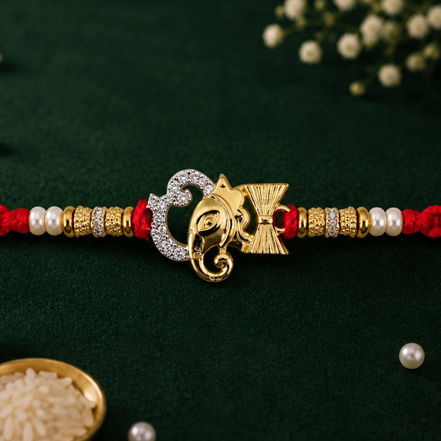 Religious Ganpati Diamond Rakhi with Pearl Beads Rakhi for Brother