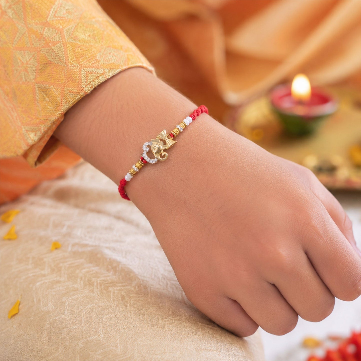 Religious Ganpati Diamond Rakhi with Pearl Beads Rakhi for Brother