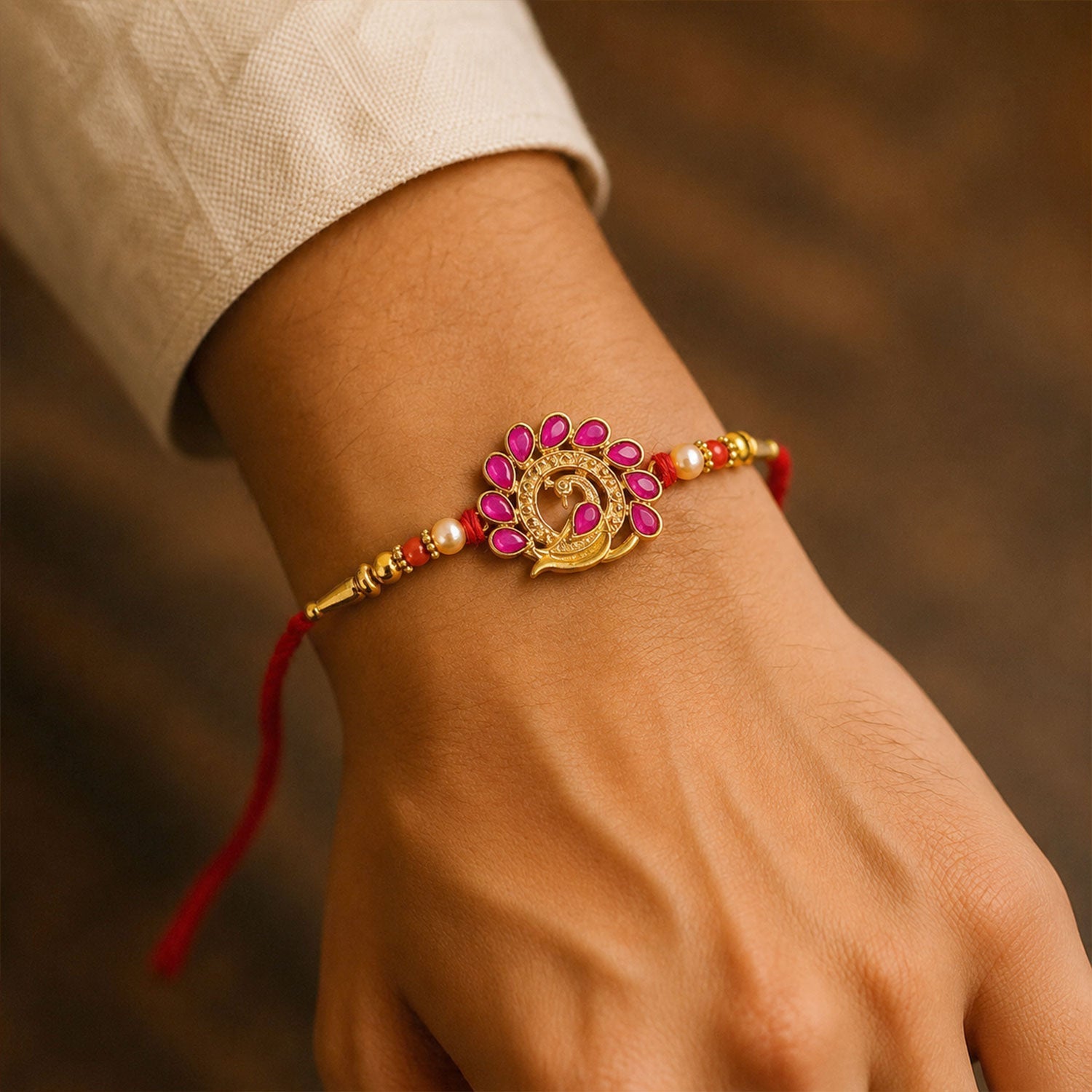 Peacock Motif Stone Studded Premium Designer Rakhi for Brother