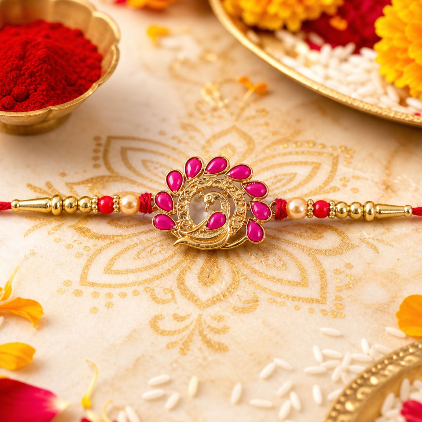 Peacock Motif Stone Studded Premium Designer Rakhi for Brother